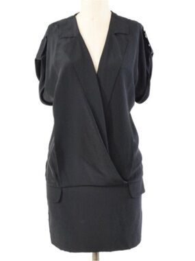 BCBG MAXAZARIA - Black Draped V-Neck Short Sleeve Dress Plunge Neckline